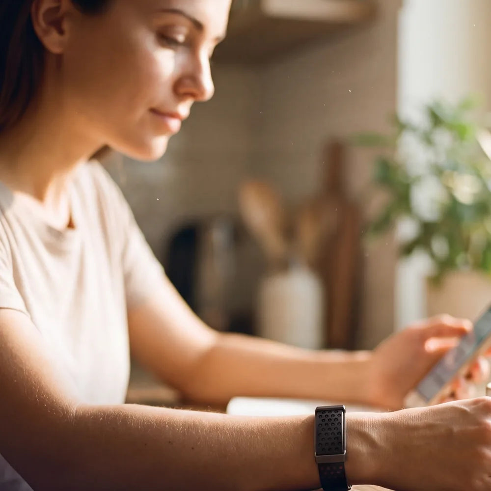Una mujer lee su resumen del día en el celular, con la pulsera AURA