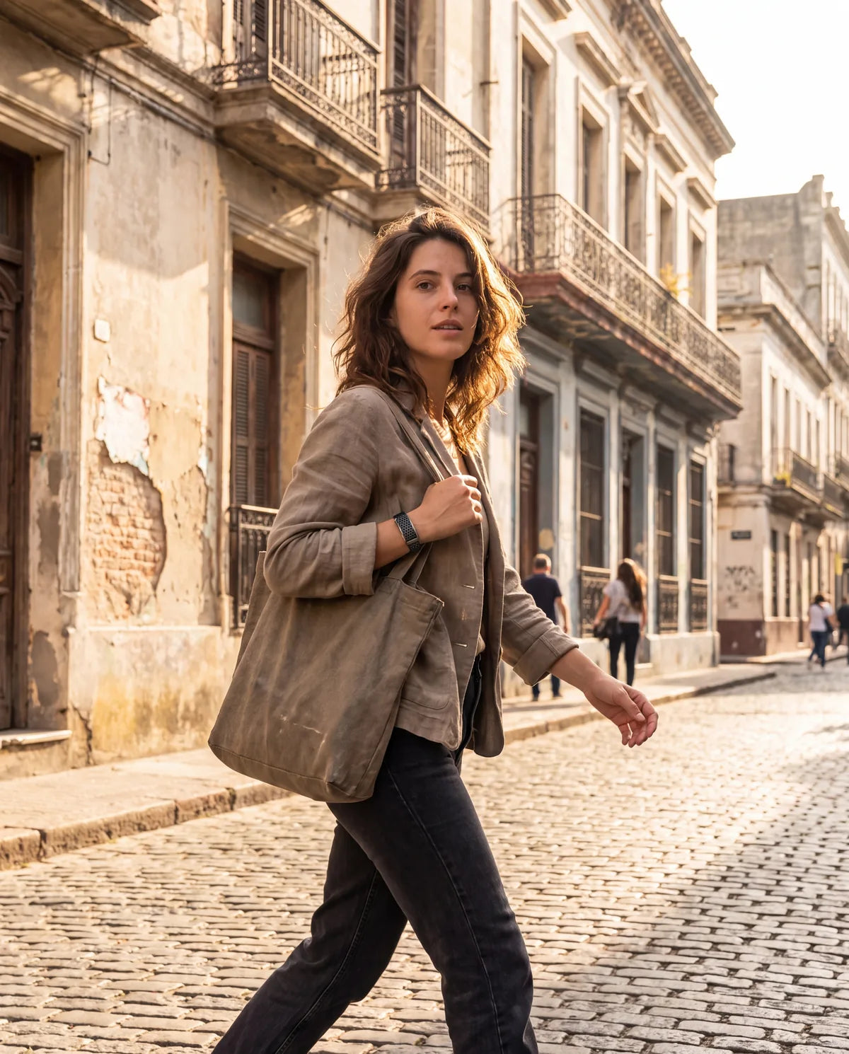 Mujer caminando por Ciudad Vieja con AURA