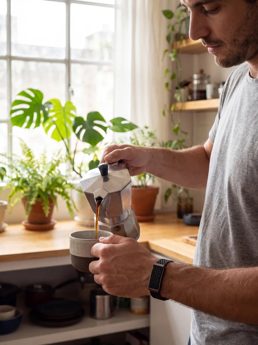 Hombre sirviendo café en su cocina