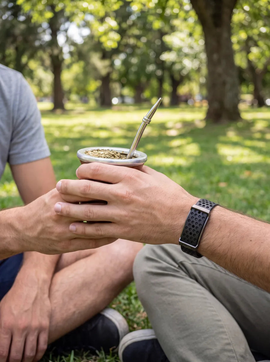 Amigos compartiendo un mate en el parque