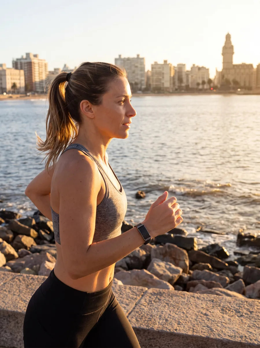 Mujer corriendo en la rambla de Montevideo al amanecer